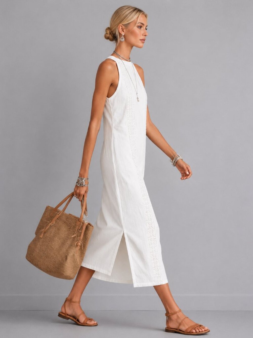 Women’s White Linen Lace Halter Midi Dress Sleeveless Slit Vacation Dress - Picture 5 of 5